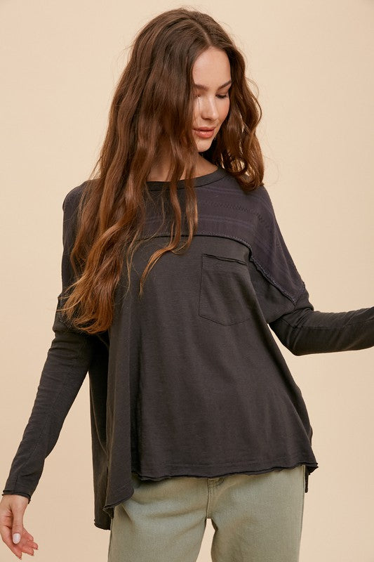 Dylan Embroidered Pocket Long Sleeve Top- Charcoal
