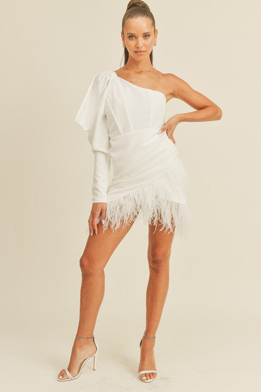 To Be With You Puff Sleeve Feather Trim Dress- White