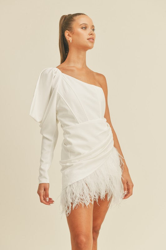 To Be With You Puff Sleeve Feather Trim Dress- White